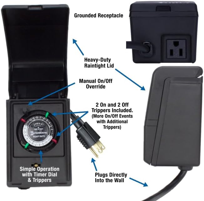 Intermatic HB11K Heavy-Duty Outdoor Plug-in Timer – 2 ON/2 Off Settings, 30-Min Minimum Intervals, Weatherproof Flip Cover, 15A/1800W, 1 HP Rated, 13" Cord – Ideal for Pool Pumps, Lights, Decorations