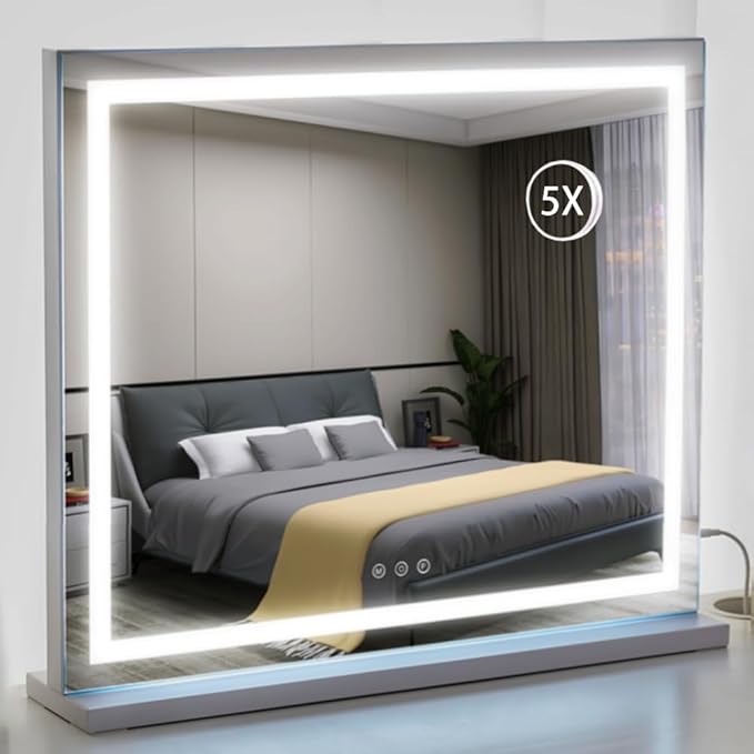 HIEEY Lighted Makeup Mirror, 18.1" x 22.8" Hollywood Vanity Mirror with Lights, Three Color Lighting Modes, with 5X Magnification Mirror, Smart Touch Control, 360°Rotation (White)