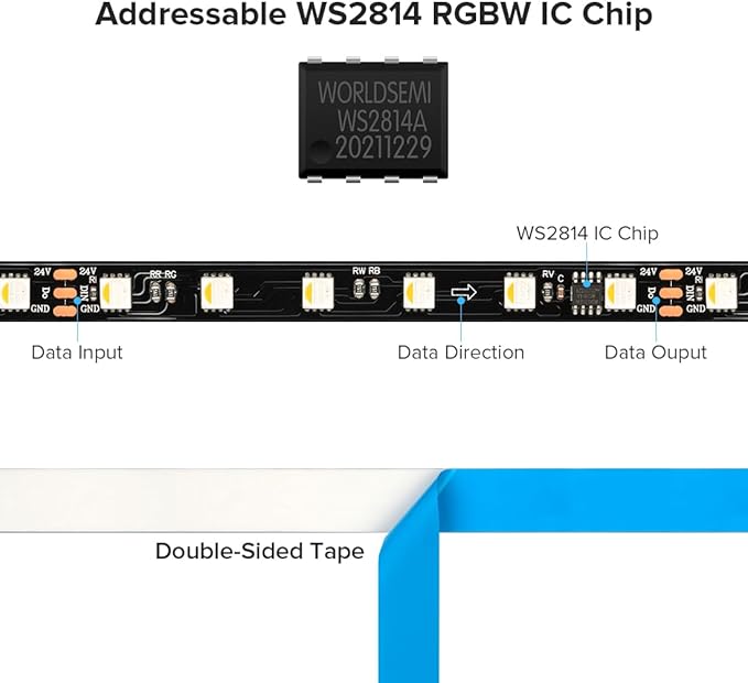 BTF-LIGHTING WS2814 IC RGBW RGB+Cool White (Similar WS2812B) Addressable DC24V 16.4FT 60LED/m 10pixel/m Flexible 4 Colors in 1 Dream Color LED Strip IP65 for Home Decor (No Adapter or Controller)