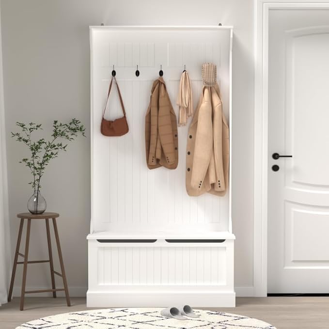 Hall Tree with Bench and Shoe Storage, Entryway Organizer with 5 Hooks, Cushioned Mudroom Storage Benchs with Coat Rack for Hallway and Living Room, White