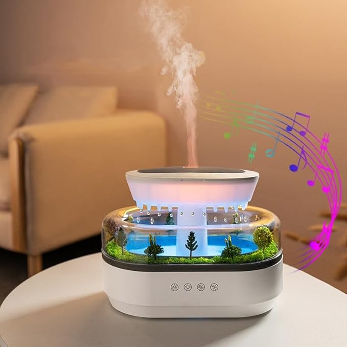 Upgrade Raindrop Humidifier Essential Oil Diffuser with Natural White Noise and Landscape Design，7 Led Colors Change Desktop Diffuser for Home Office Bedroom Waterdrop Diffuser 250ml