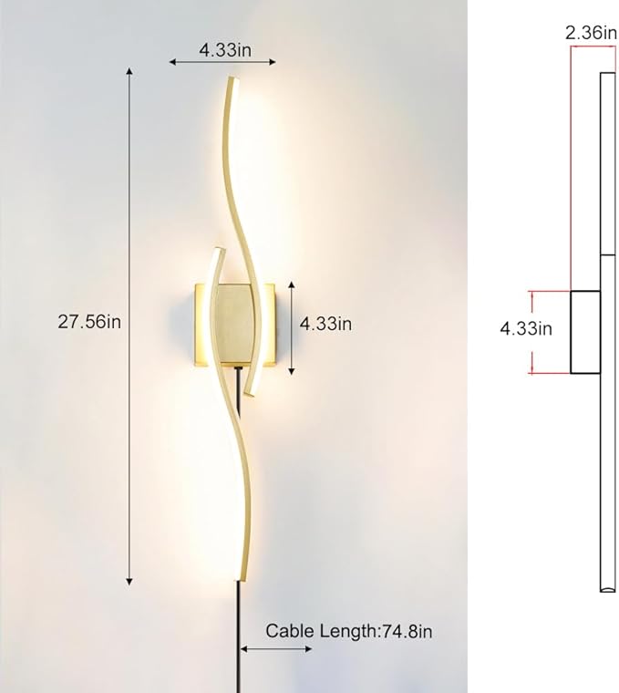 Modern Gold Plug in Wall Sconce Set of 2, Indoor Dimmable Light Fixture with Plug in Cord for Living Room, LED Sconces Lighting with Remote Control, Wall Lighting Decor for Hallway Bedroom