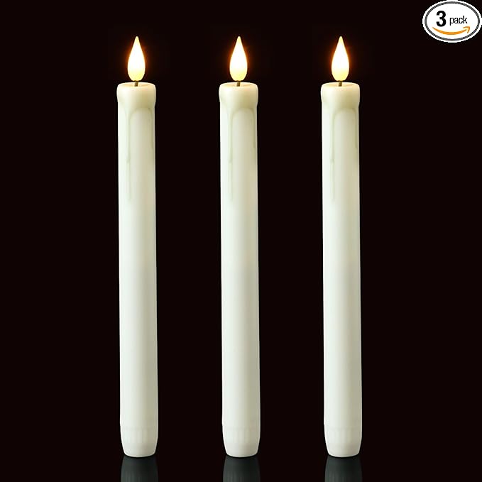 Homemory 3 Pack Flameless Taper Candles, No Remote, Realistic Flickering Battery Operated Candlesticks, White LED Plastic Candle Safe for Weddings, Table Decor, Christmas, and Halloween