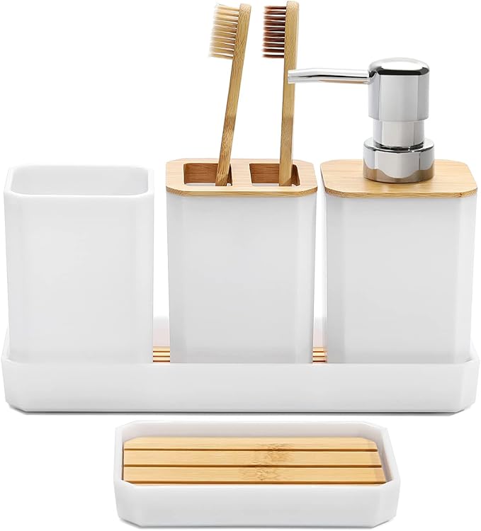 FEILANDUO Bathroom Accessories Set,5 Pcs Bathroom Accessory Gift Set, Soap Dispenser, Soap Dish, Toothbrush Holder, Toothbrush Cup, Vanity Tray, Boho, Modern Bathroom Decor (White)