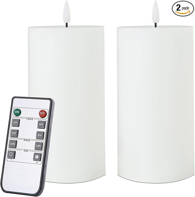 White Flameless Candles Set of 2 (3x6 inch) Flickering LED Wax Candles Battery Operated with Remote Control Timers for Night Light/Fireplace/Party Dimmable Pillar Candles Flat top