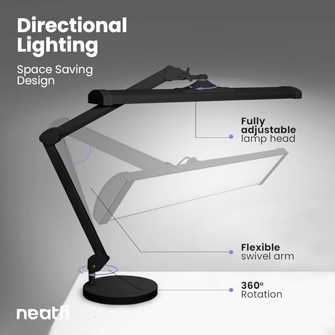 Neatfi 3,500 Lumens LED Desk Lamp – 45W Dimmable Task Light | 3 Light Modes | 540 SMD LEDs | Touch Control | 26-Inch Wide Metal Shade | Reading, Craft, Workbench & Office (CCT with Base, Black)