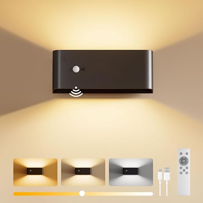 Motion Sensor Wall Sconce Indoor with Remote Control 3 Colors Wireless Wall Light LED Wall Sconces Rechargeable 8000mAh Battery Operateded Wall Lamps Brightness Adjustable for Bedroom