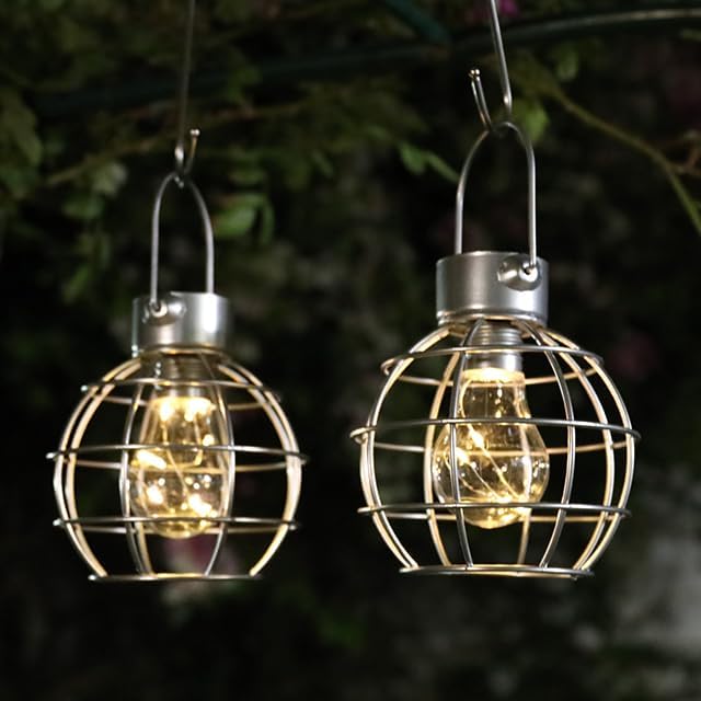 MUMTOP 2 Pack Solar Lanterns Outdoor Lights, Metal Solar Outdoor Lantern Waterproof Decorative Hanging Light for Yard Lawn Porch Garden Patio Pathway Decor, Grey