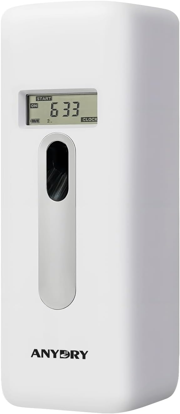 Automatic LCD Air Freshener Dispenser Wall Mount or Free Standing, Programmable Spray for Bathroom Home Office Hotel Commercial Use, Compatible with Glade Refills, White