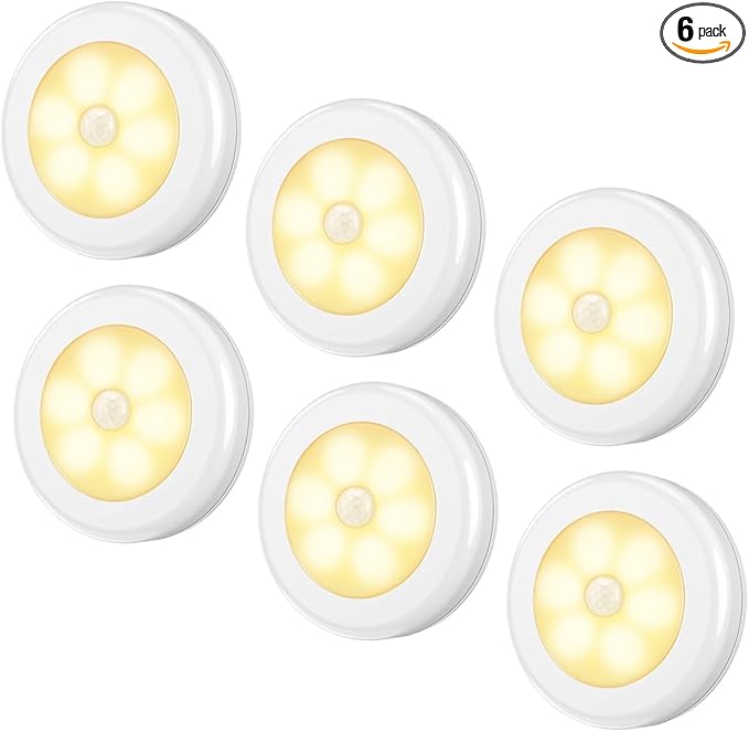 AMIR Upgraded 3.15” Motion Sensor Light Indoor, Cordless Battery Powered Stick on LED Night Lights for Closet, Stair, Under Cabinet, Hallway, Kitchen (Warm White - Pack of 6)