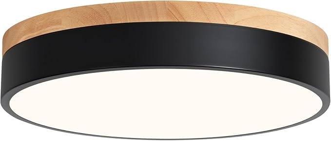 Modern Wood Oak Black Flush Mount Ceiling Light Dimmable LED Ceiling Light Fixture 2700K-6000K 5CCT Minimalist Circle Close to Lighting Lamp for Kitchen Bathroom Bedroom Laundry Room, 11.8''