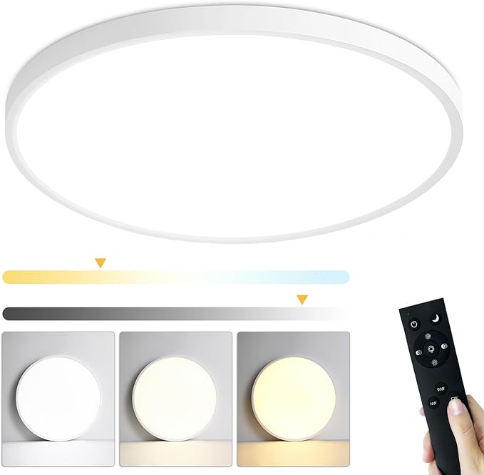 LED Flush Mount Ceiling Light Fixture 15 Inch, 36W 3600lm Dimmable Kitchen Light Fixture Ceiling Mount with Remote, Adjustable 3000K-6500K Round Ceiling Lamp for Bedroom, Living Room,White
