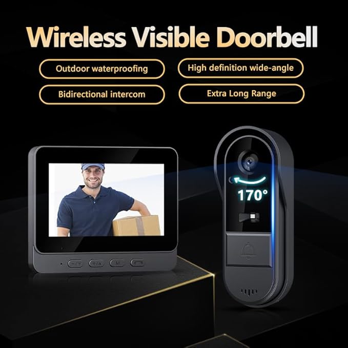 Doorbell Camera Wireless No Subscription 1080P, Waterproof Door Bell Camera with Monitor Screen Free Storage NO WiFi and APP Needed, Video Intercom Two-Way Audio, 170° View Angle,Night Vision