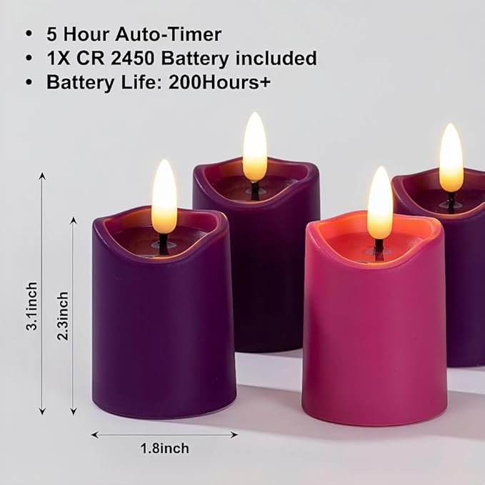 Simplelight Advent Candles, Purple & Pink Flameless Votive Candles with Timer, Advent Wreath with Flameless Candles, Realistic Black Wick, Set of 6-Battery Included (Purple Pink)