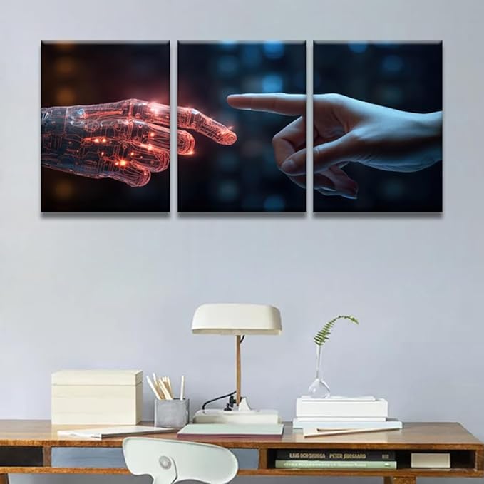 LSIUHWUWI Modern Wall Art 3 Panel The Human Finger touches the Robot's Finger Picture Prints on Canvas for Living Room Computer Room,Office Wall Decoration, Framed Ready to Hang 12x16inchx3