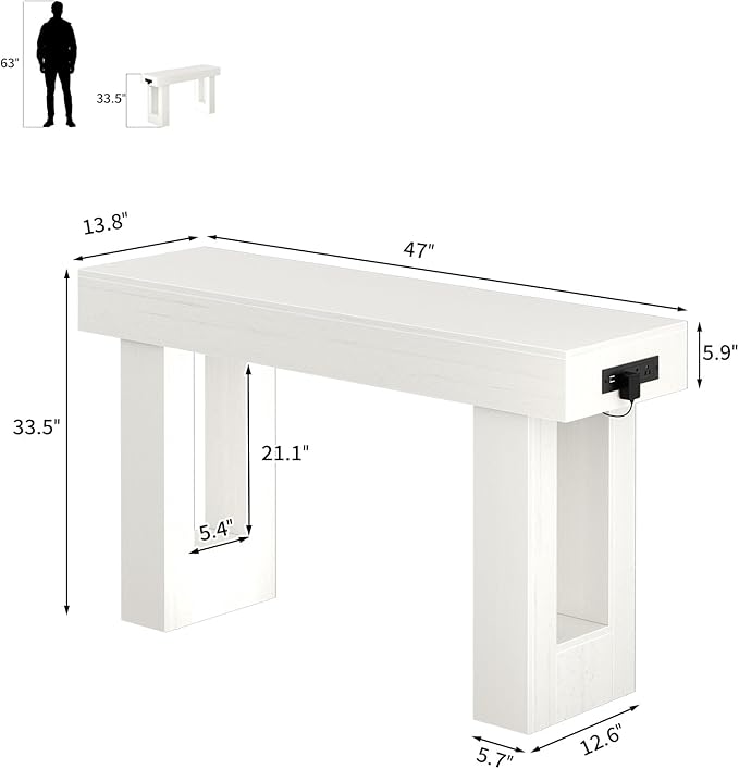 Unikito 47" Entryway Table with Socket and Sensor Light, Narrow Console Table with Storage Behind Couch, Farmhouse Entry Way Tables with Open Storage for Entrance/Hallway/Living Room, Antique White