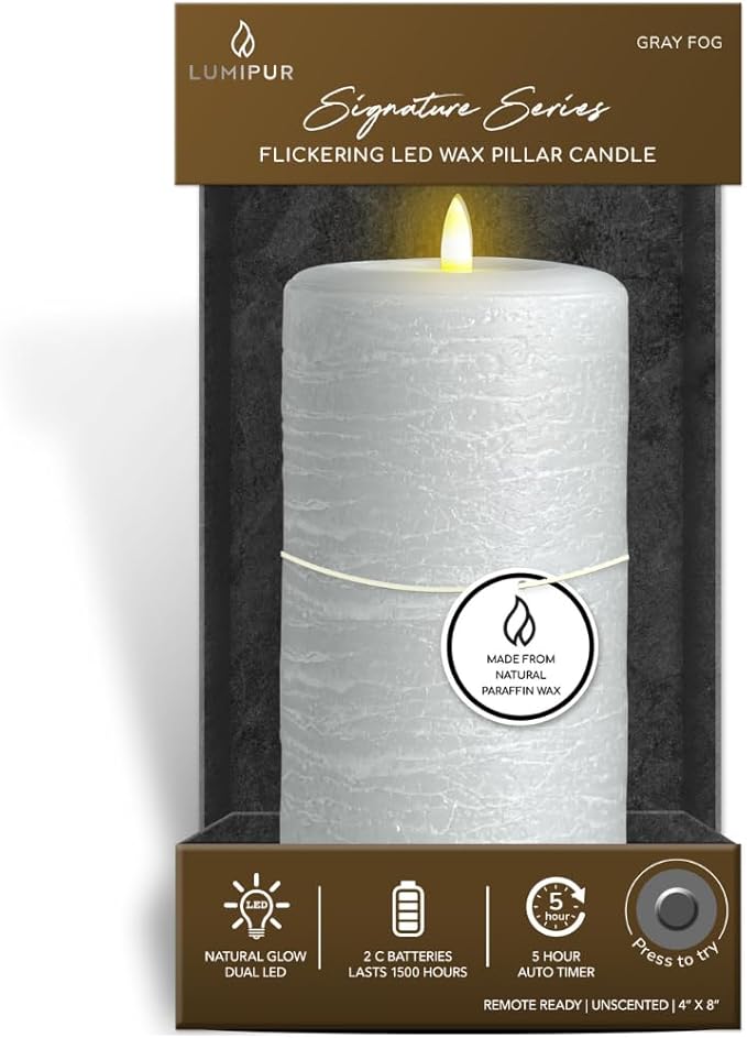 LumiPur Signature Natural Glow Flickering Flameless LED Wax Pillar Candle (4" x 8", Gray Fog)