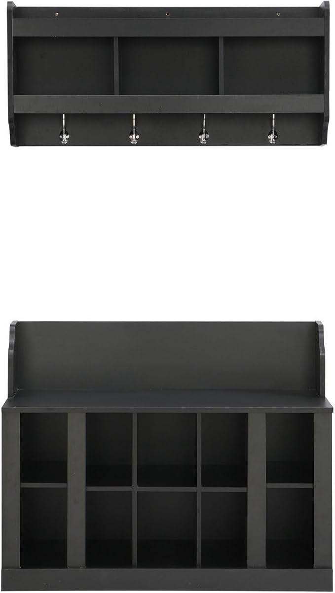 Contemporary Shoe Storage Bench with Wall Mounted Coat Rack, Elegant Hall Tree for Entryway, Mudroom, Black