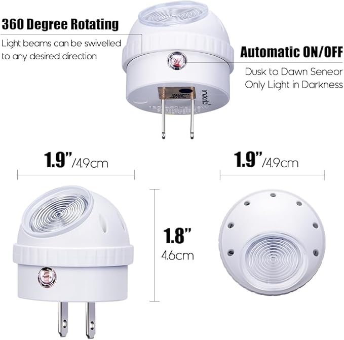 Emotionlite Plug-in Night Lights, Warm White LED Nightlight, 360° Rotation, Dusk to Dawn Sensor, Kids, Adult, Bedroom, Hallway, Bathroom,Kitchen, Stairways, Corridor, 6 Pack