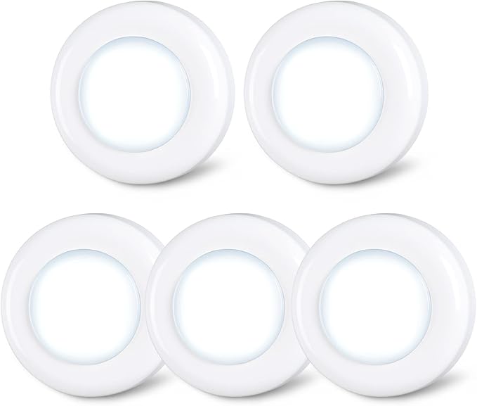 STAR-SPANGLED Push Tap Light, 2.8” Mini Night Touch LED Puck Lamp, Portable Under Cabinet Lighting AAA Battery Operated Powered, DIY Stick On Lights for Closet, Counter, Kitchen, Cool White, 5 Pack