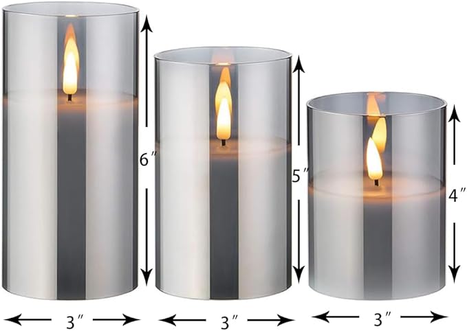 CANDLE CHOICE Real Wax Battery Operated Flameless Pillar Candles with Remote Timer Grey Glass Shell Realistic Black Wick Flickering Electric LED Lights Wedding Halloween Christmas Decorations 3 Pack