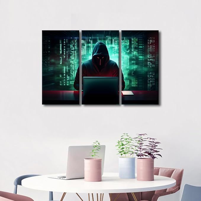 TUMOVO AI Big Data Prints Wall Art Home Wall Decorations Hacker Malware Large Wall Decor 3 Pieces Hacker Canvas Wall Art Artwork for Home Office Decoration Framed Ready to Hang, 36" Wx24 H