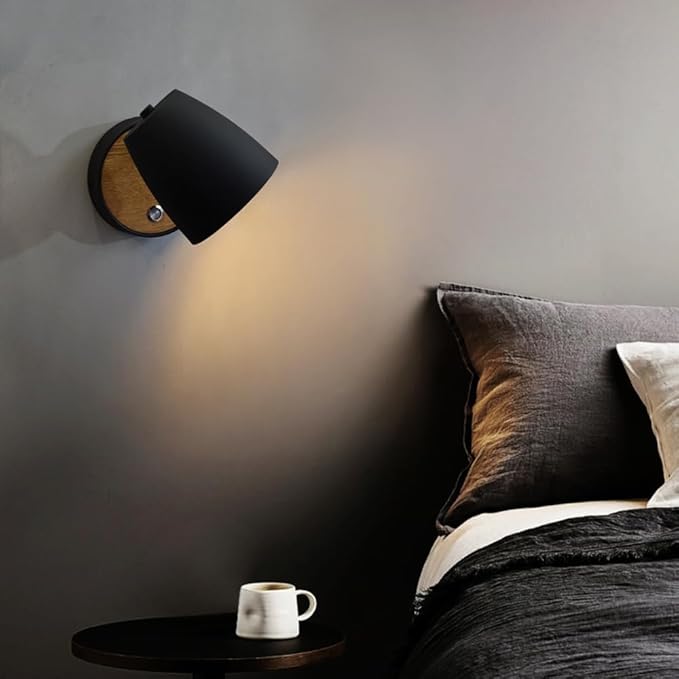 Hardwired Wall Sconce with Switch,Modern Black and Wood Wall Lights for Bedroom with 350°Rotation Metal Shade,Indoor E26 Wall Lamp for Living Room,Dining Room,Hallway,Stairway,Wall Decor