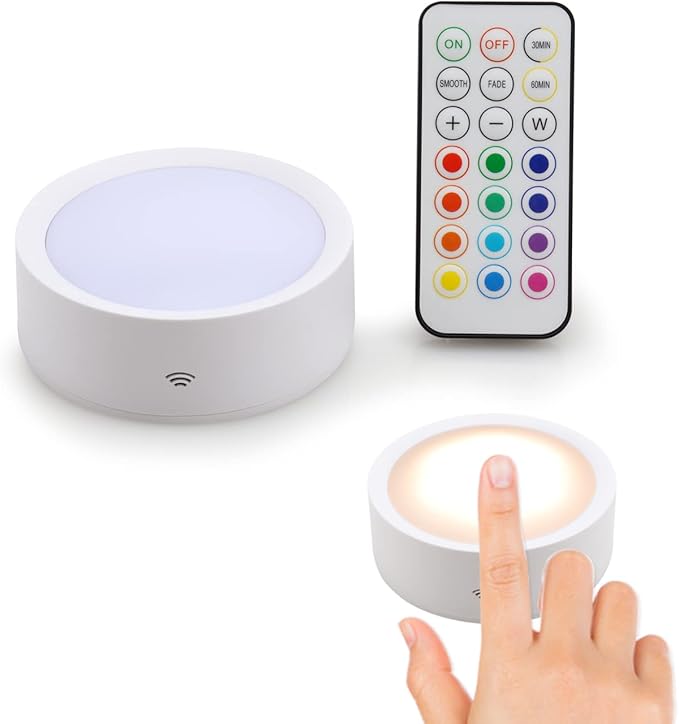 DAMI Under Cabinet Lighting with Remote Control, Rechargeable Battery Operated Wireless Shelf Lights, Under Cabinet Lights Stick on Tap, Color Changing Puck Lights for Kitchen, 6 Pack, White