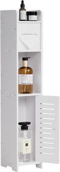 VECELO Storage Cabinet for Small Spaces,Skinny Toilet Paper Holder Stand with Anti-Drop Fence and Roller Storage, White