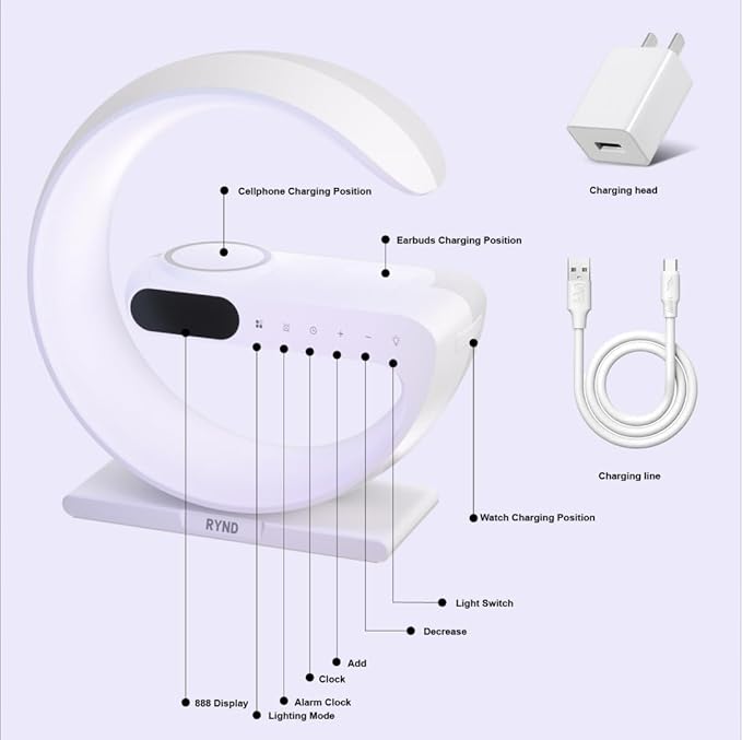 RYND 2026 Magnetic 5 in 1 Speaker Alarm Clock with Wireless Charger, Bedside Lamp with Adjustable Night Light, Gift for Family/Friends(White)