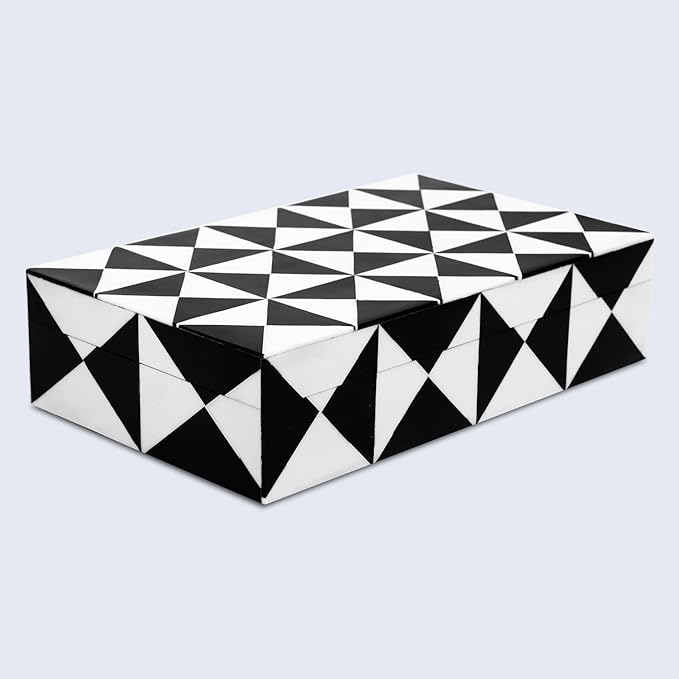 Handicrafts Home Decorative Storage Box with Lid, Black and White Decorative Remote Holder Box, Coffee Table Storage Box for Living Room, Console Table & Shelf Decor, Triangle - 10 x 6 x 2.5