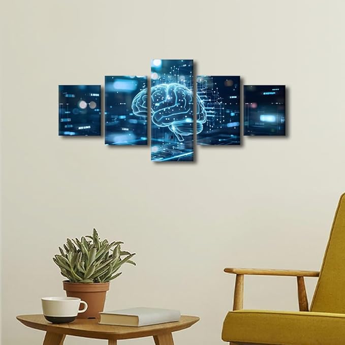 TUMOVO 5 Panel Digital Human Brain With Connection Lines on Blue Background Canvas Paintings Artificial Intelligence Pictures for House Wall Decor House Decorations Living Room Bedroom 50" Wx24 H