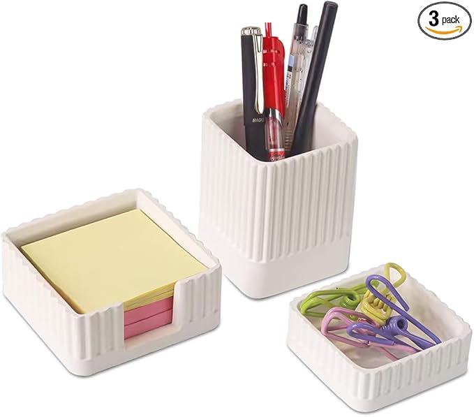 Desk Organizer Set of 3 for Office Accessories - Includes Pen Holder, Paperclip Storage, and Sticky Note Holder - Aesthetic Concrete Desktop Accessories for Women or Men, Office Decor (White)