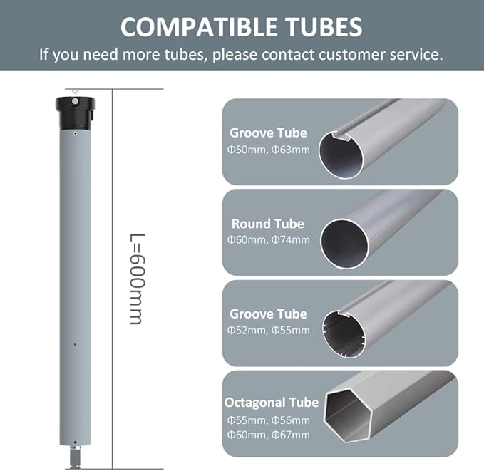 Electronic Limit Tubular Motor for Roller Shades, 45mm Remote Control Electric Blind Replacement Kit, Quiet Motorized Awning Drive, Light Adjustment (20 N.m for Φ60mm（2-3/8"） Round Tube)