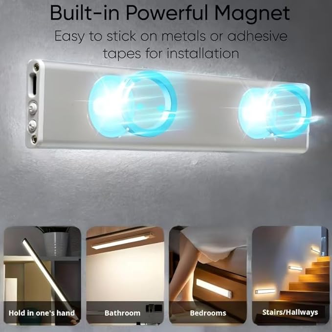 Magnetic Under Cabinet lighting 2 Pack, 12" Rechargeable - 3 Color Dimmable LED, Ultra Slim 1800 Battery Powered Motion Sensor light indoor Punch-free Smart Sensor Magnetic Rechargeable Led Light