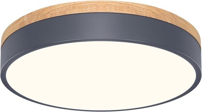 Dimmable Wood Oak Ceiling Light Fixture Modern Gray LED Flush Mount Ceiling Light 5CCT Minimalist Circle Close to Lighting Fixture for Bedroom Kitchen Bathroom Laundry Room 11.81 Inch