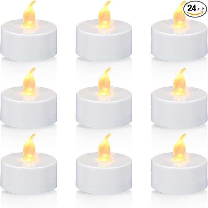 KOABY 24 Pack Tea Lights with Timer, Auto-On 6 Hours and Off 18 Hours in 24 Hours Cycle Automatically, Battery Operated Flameless Flickering Tea Lights with Timer(24 Pack, Warm Yellow)