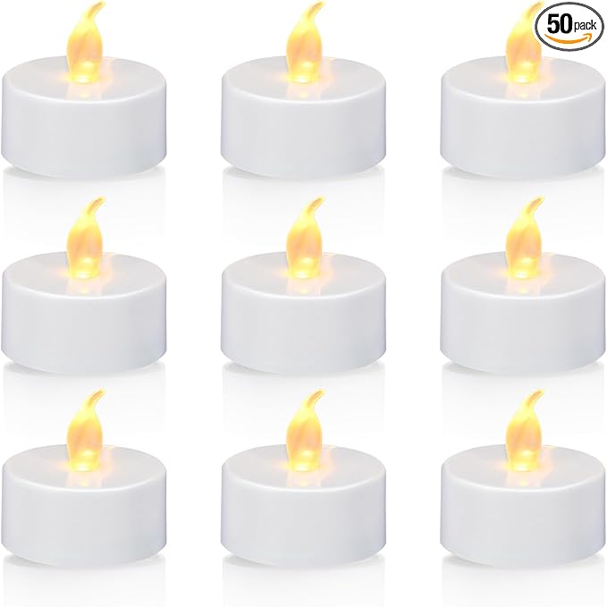 KOABY 50 Pack Tea Lights with Timer, Auto-On 6 Hours and Off 18 Hours in 24 Hours Cycle Automatically, Battery Operated Flameless Flickering Tea Lights with Timer(50 Pack, Warm Yellow)