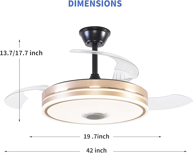Retractable Ceiling Fan with Lights, 42 inch Ceiling Fan with Light and Remote, Low Profile Bladeless Fan for Bedroom Living Room