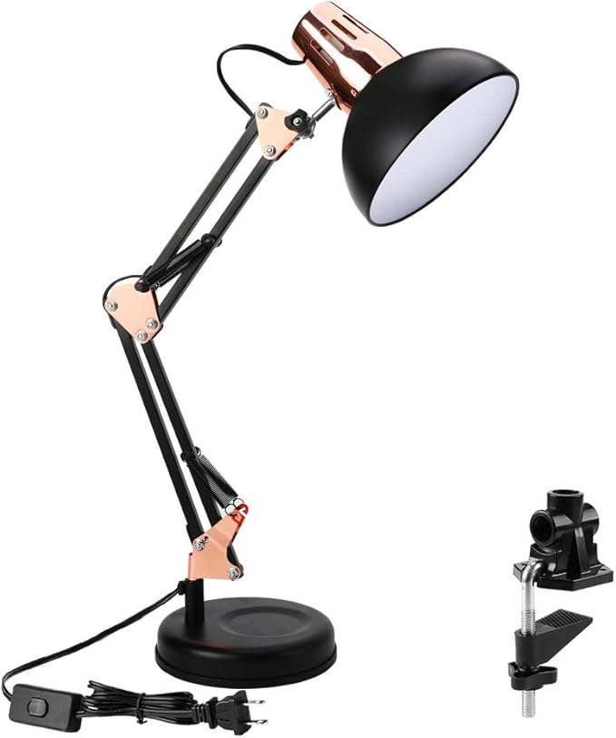 PowerKing Metal Swing Arm Desk Lamps, Adjustable and Flexible, Feading with Base and Clip 2-in-1 Function, Fit E26&E27 Bulbs Base, Application in Bedroom Living Room, Office Home (Black+Rose Gold)