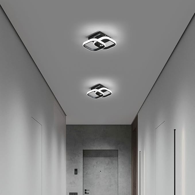 Modern LED Ceiling Light, 9 Inch Square Hallway Light Fixtures 6500K Cool White Black Mini Ceiling Light for Corridor, Bedroom, Kitchen, Balcony, Stair, Entrance