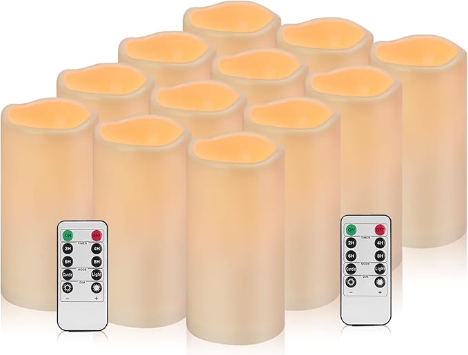 12 Pack Flickering Flameless Candles Large (D 3" x H 6") LED Candles Fake Pillars Outdoor Indoor Battery Operated Candles with Remote for Home Wedding Christmas Holiday Décor (12 Pack)