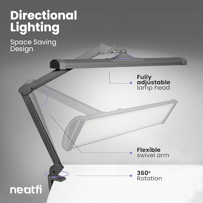 Neatfi Ultra 3,500 Lumens LED Desk Lamp – 45W, 26” Wide Metal Shade, 270 SMD LEDs, Shadow-Free | Adjustable Brightness | Non-Flickering Task Light for Nail, Craft & Office (Non-CCT with Clamp, Silver)
