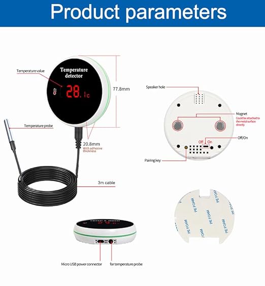 PHOVOLT WiFi Refrigerator Thermometer: Digital Fridge Thermometer, LCD Display,App Notification, Remote App Monitor for Pool, Hot Tub, Fish Tank (Temperature)