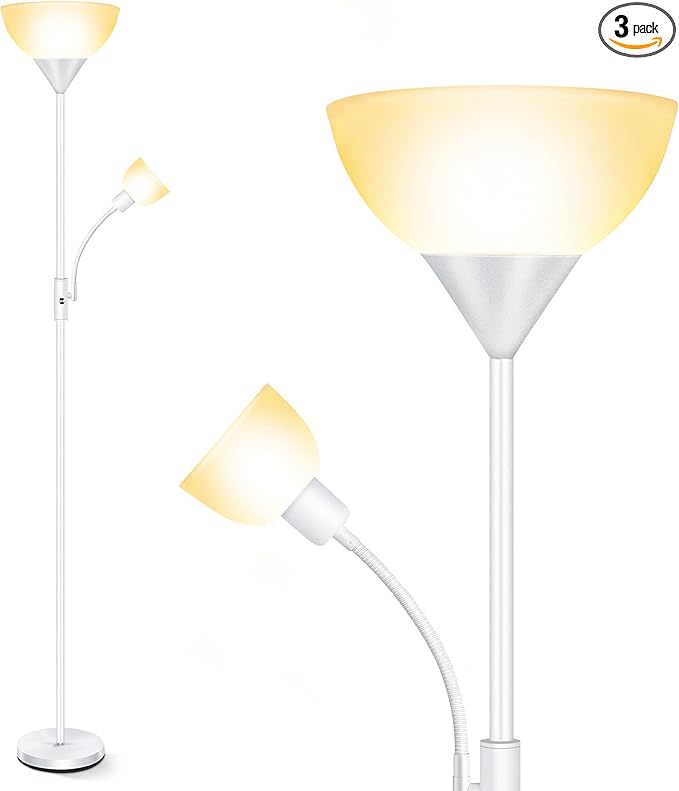 Torchiere Floor Lamps for Living Room, Standing Lamp, 71" Tall Pole Lamps with Adjustable Reading Light, 3-Way Rotary Switch, Plastic Shade, Bright Torch Corner Lamp for Bedroom, White(E26, No Bulb)