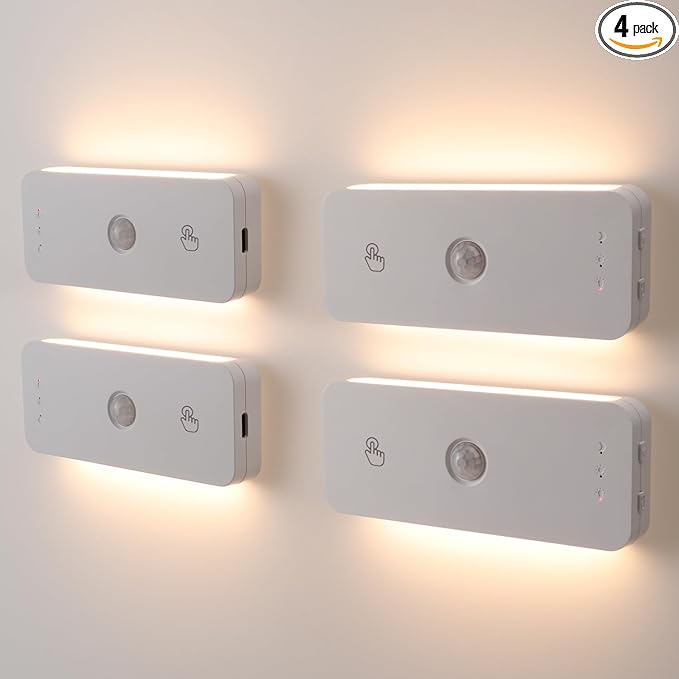 DAMI Stair Lights Indoor 4 Pack, Rechargeable Led Motion Sensor Night Light 1100mAh, Dimmable Hallway Lights with 3 Color Temperature, Magnetic Locker Lights for Closet Staircase