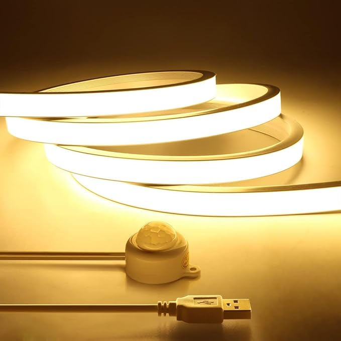 3.3FT/1M Motion Activated COB LED Strip Light 5V USB Motion Sensor Neon LED Rope Light Indoor Under Bed Lights 3500k Warm White LED Under Closet Lights for Stairs, Under Bed, Closet, Cabinet