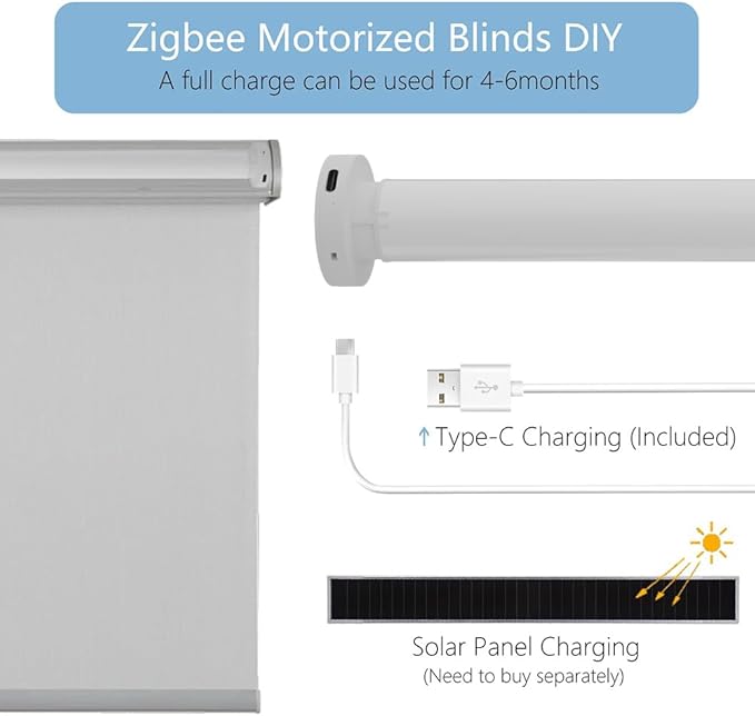 Solar ZigBee Smart Roller Shade Motor for 1.5" Tube (38mm) | Rechargeable Electric Blind Motor Kit | Wire-Free Retrofit Driver | Compatible with Alexa & Google Home (Hub Required) (2.0 N.m Torque)