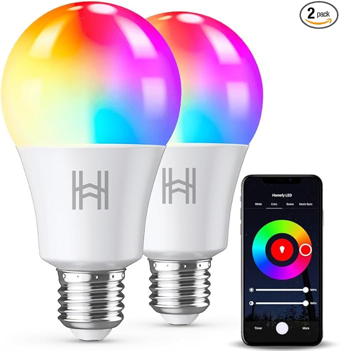 Smart Light Bulbs 2 Pack, A19 Color Changing LED (800 Lumens), WiFi & Bluetooth, Music Sync, Compatible with Alexa & Google Assistant, No Hub Needed, 16 Million Colors