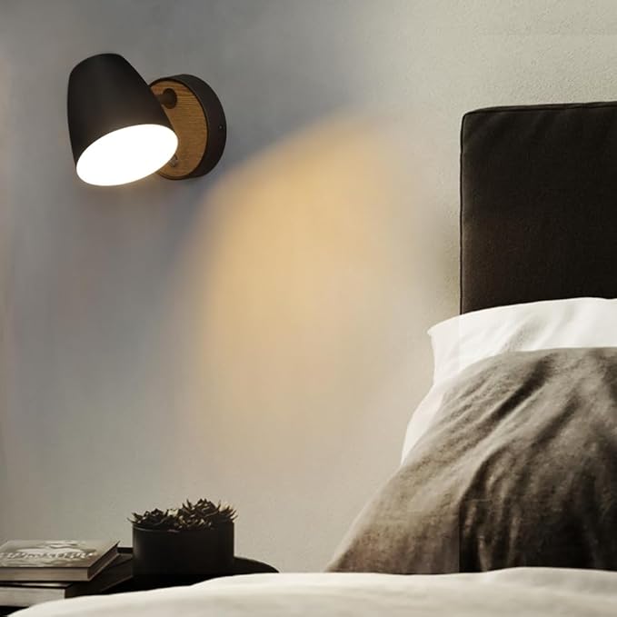 Hardwired Wall Sconce with Switch,Modern Black and Wood Wall Lights for Bedroom with 350°Rotation Metal Shade,Indoor E26 Wall Lamp for Living Room,Dining Room,Hallway,Stairway,Wall Decor